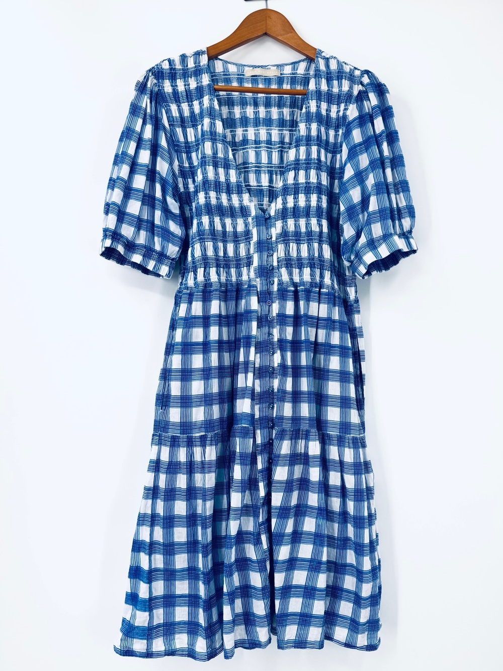 Lola Australia Smocked V-neck Gingham Cotton Tiered Midi Dress